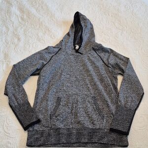 Lucy women's Medium Sweat it Out hooded shirt heather gray, yoga shirt VGUC